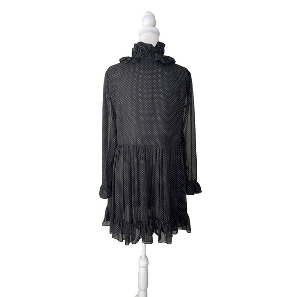 ZARA Ruffled Dress Size XL Black Micro Dot Ruffled Neck Sheer Ruffled Sleeves - Picture 9 of 16